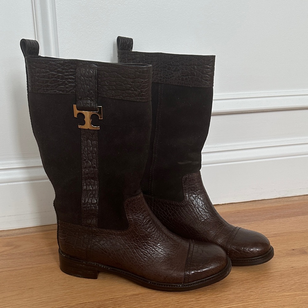 Tory Burch women’s Corey mid calf flat boot Brown Leather size 9.5